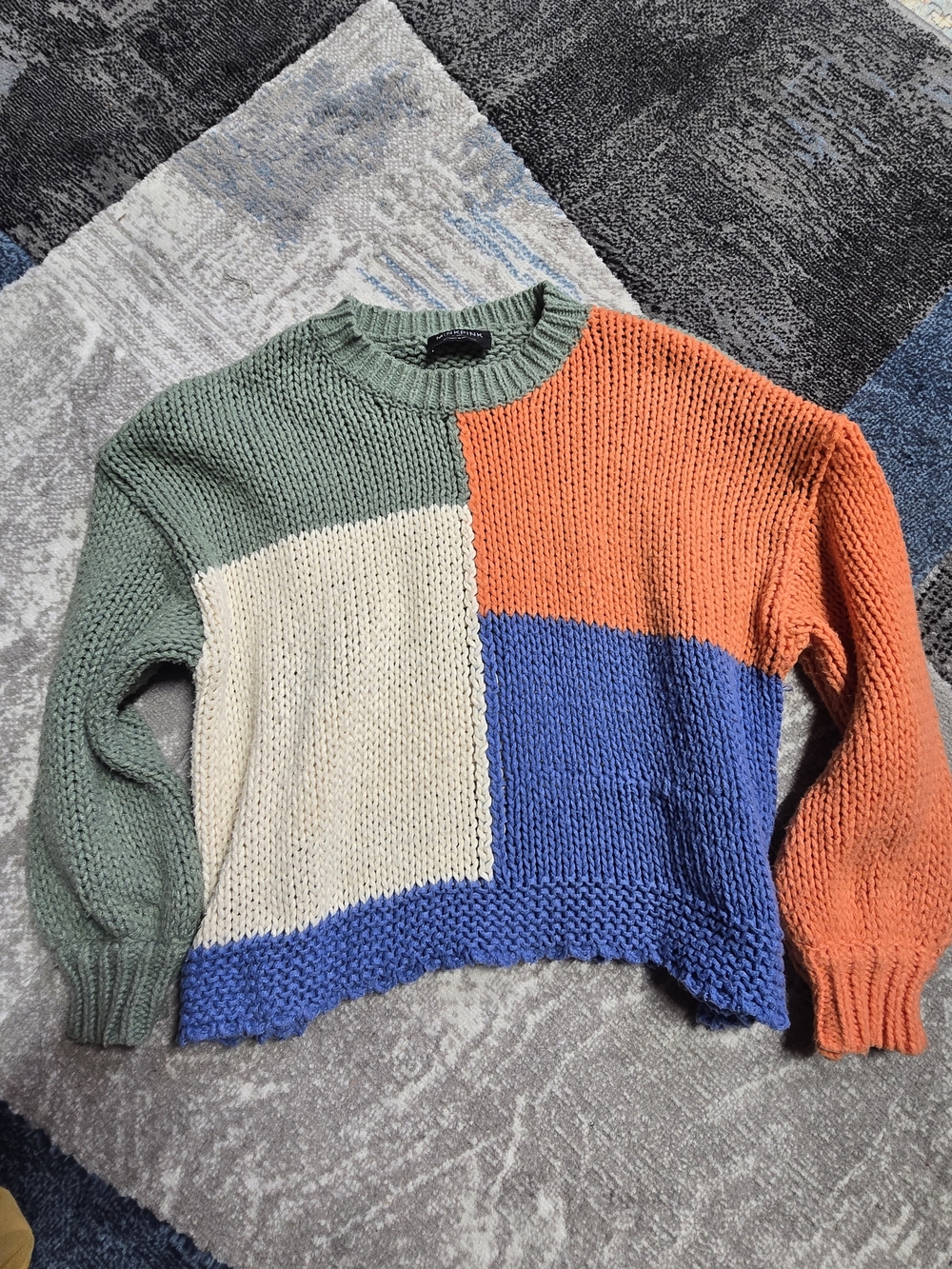 MINKPINK Colorblock Chunky Knit Sweater XS Orange Blue Sage Cream